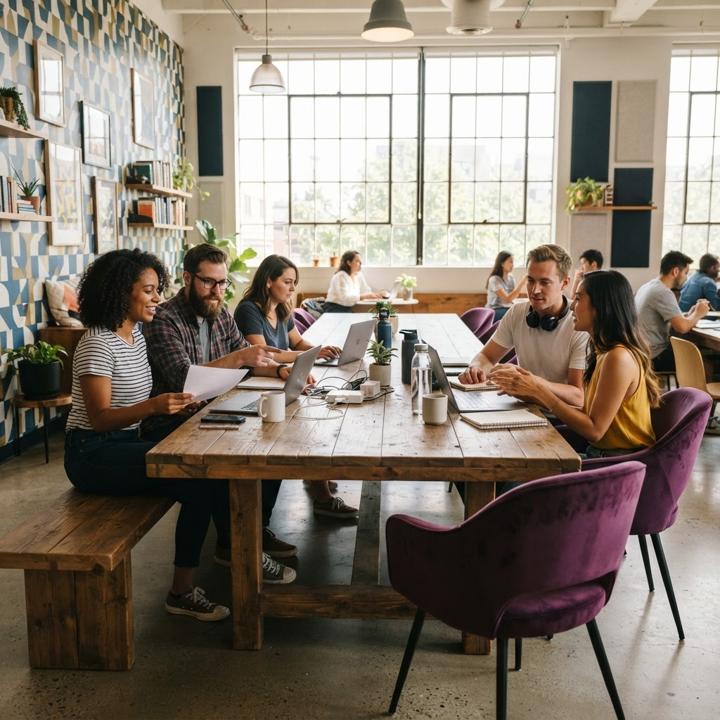 A long communal wood table with a bench and purple accent chairs in a social hub