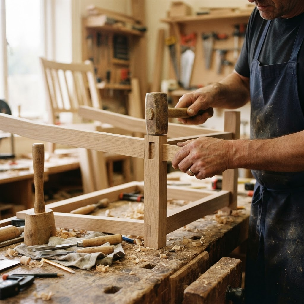 A craftsperson assembling a wooden chair frame in a bright furniture workshop