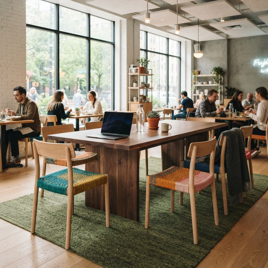 A solid walnut commercial dining table surrounded by wooden chairs in a bright, plant-filled space