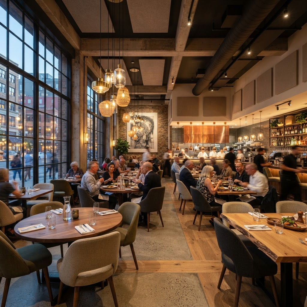 A stylish modern restaurant interior with mixed wood tables, upholstered chairs, and warm lighting