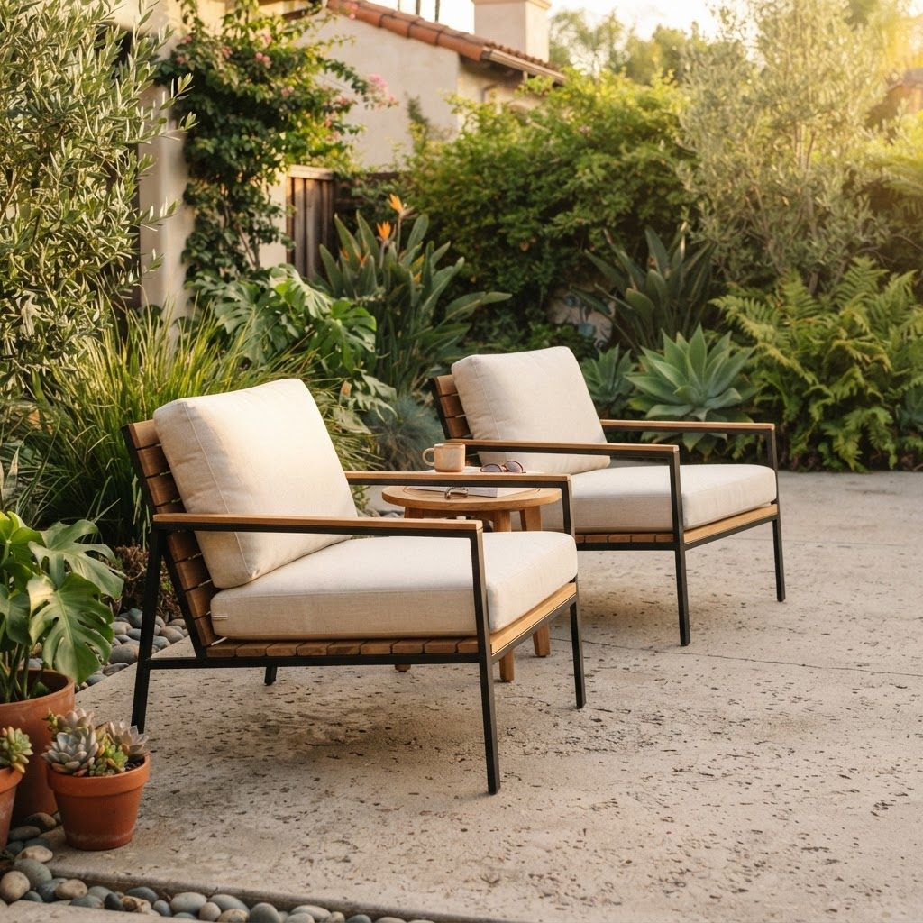 A pair of modern outdoor lounge chairs with cream cushions on a concrete patio