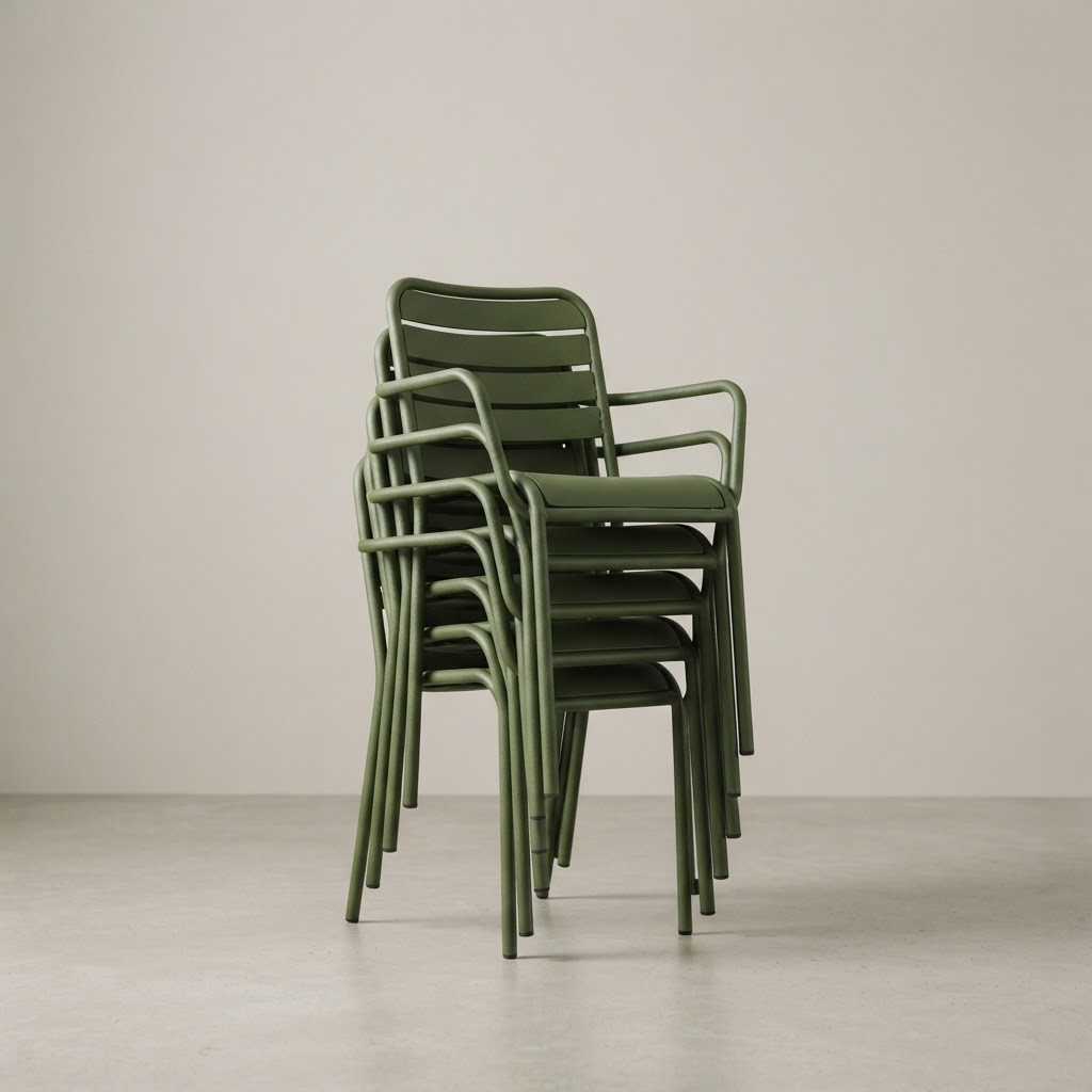 A stack of olive green metal outdoor stacking chairs on a neutral background