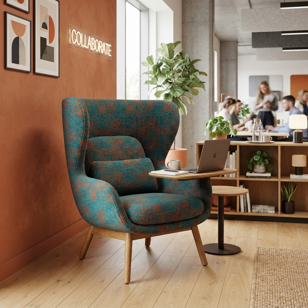 A colorful upholstered work-hub lounge chair with wooden legs in a bright office nook